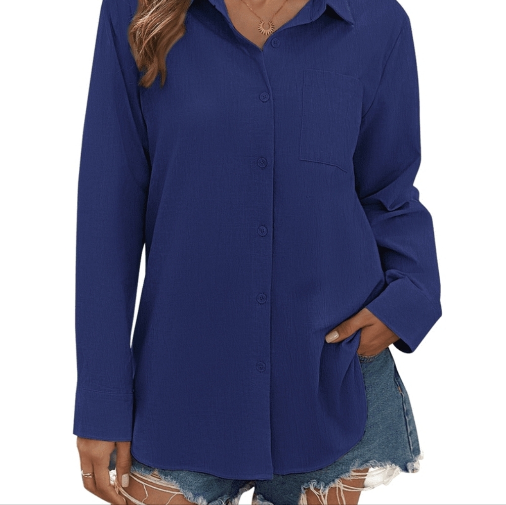 Womens Button Down Shirts Lapel Long Sleeve Blouses 2xl - Picture 2 of 4